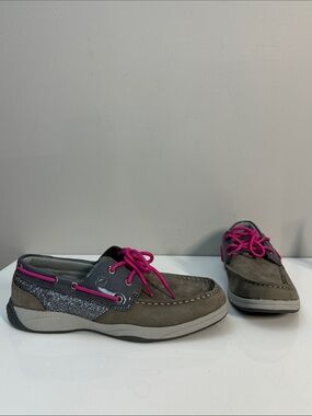 Sperry Intrepid Grey Leather & Glitter Boat Shoes Size 6